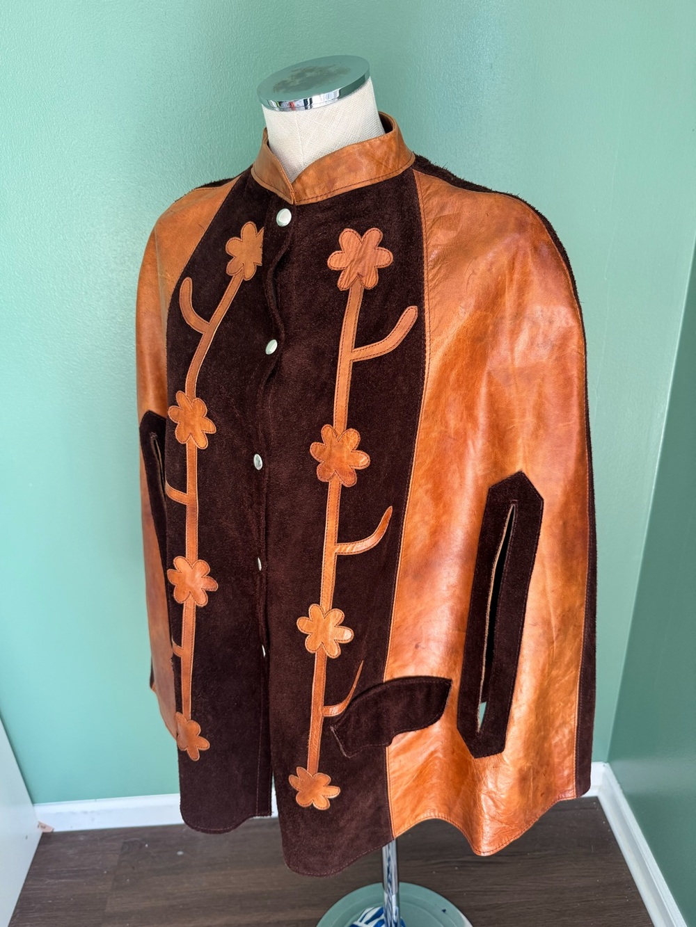 Vintage Two-Tone Brown Leather & Suede Floral Cape